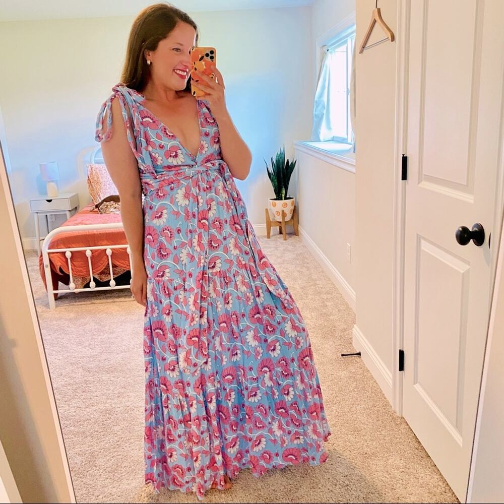 NWT Banjanan Carnation Floral Full Bloom Blue Pink Maxi Dress XS